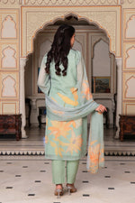 Vaasva Women Teal Green Tabby Slik Print & Embroidered Kurta, Pant & Dupatta set