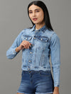 Women's Blue Solid Denim Jacket-GZ-5502-Blue