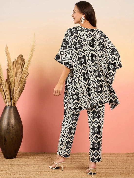 Anti Fit Kaftan Top with Pants in Black and Cream Ikkat Print