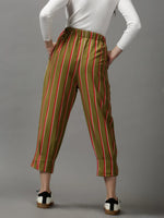 Women's Olive Striped Trouser-AE-10406-Olive