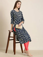 Women Navy Blue Geometrical Straight Kurta-AT-A396-K-Navyblue