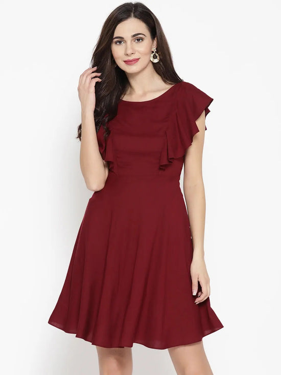 Frill sleeve deep back skater dress in Maroon