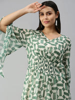 Women's White Geometrical Kaftan Kurta-DW-1258-Whitegreen