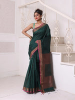 All Over Zari Weaving Forest Green Cotton Saree With Zari Borders-MA64BCT401380027