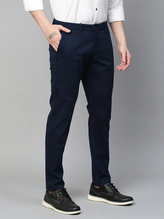 Genips Men's Cotton Stretch Caribbean Slim Fit Solid Trousers - Navy Color