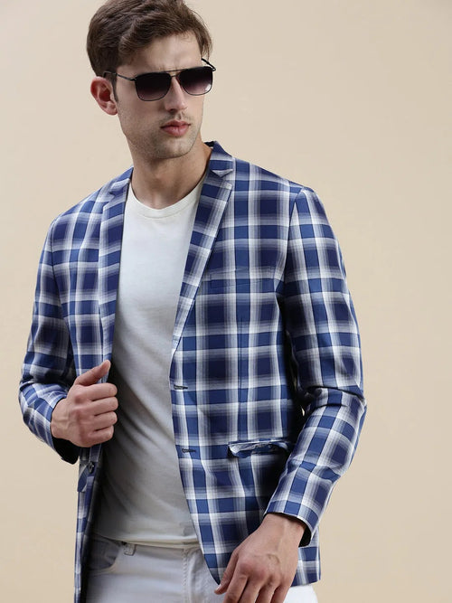 Men Blue Checked Casual Blazer-SOBLZ-022-2-Blue