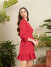 Women Red Frill Hem Short Dress