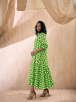 Women Green Leaf Front Button High Low Tiered Midi Dress