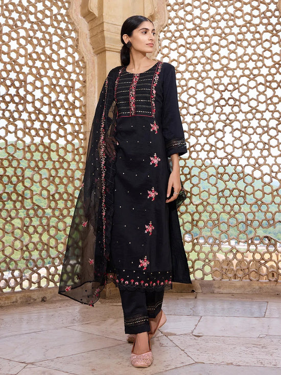 Ahika Women Black Silk Blend Solid Embroidered Straight Kurta Trouser With Dupatta-PKSKD2630