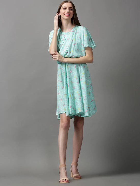 Women's Sea Green Printed Fit and Flare Dress-AE-15613-Seagreen