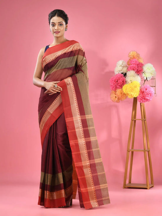 Maroon Pure Cotton Tant Saree With Temple Border-MA51TT43430059