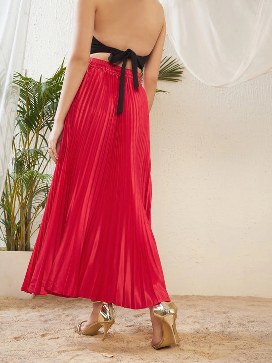 Women Red Satin Accordion Pleated Maxi Skirt