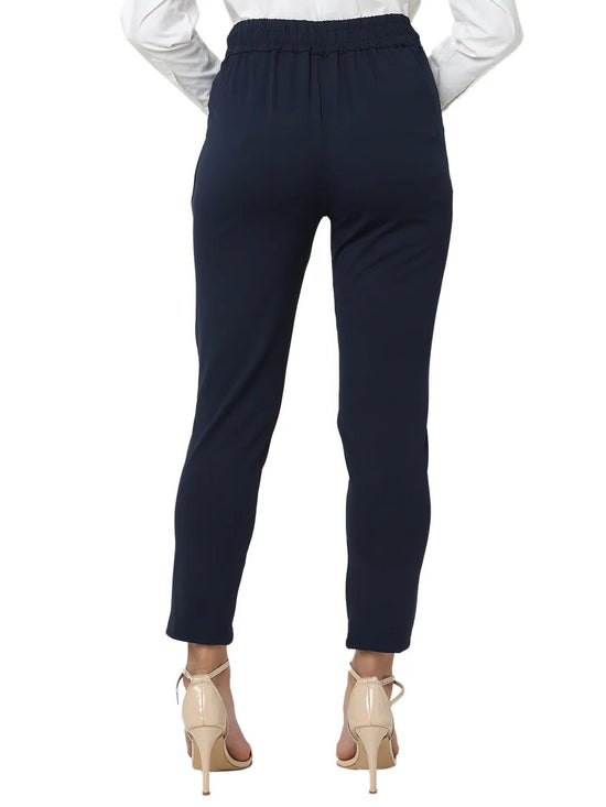 Smarty Pants Women's Cotton Lycra High Raise Waist Ankle Length Navy Blue Formal Trouser