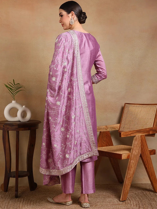 Ahika Women Lavender Silk Blend Embroidered Straight Kurta Pant Set With Dupatta-PKSKD1898D_XS