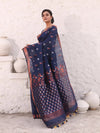 Navy Blue Cotton Saree With Zari Border-MA54BCT041380032