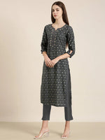 Women Grey Floral Straight Kurta-AT-A939-K-Grey