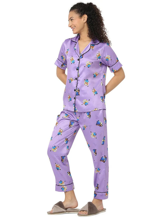 Smarty Pants Women's Silk Satin Lilac Color Minion Print Night Suit