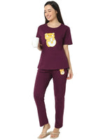 Smarty Pants Women's Cotton Lycra Wine Color Teddy Print Night Suit