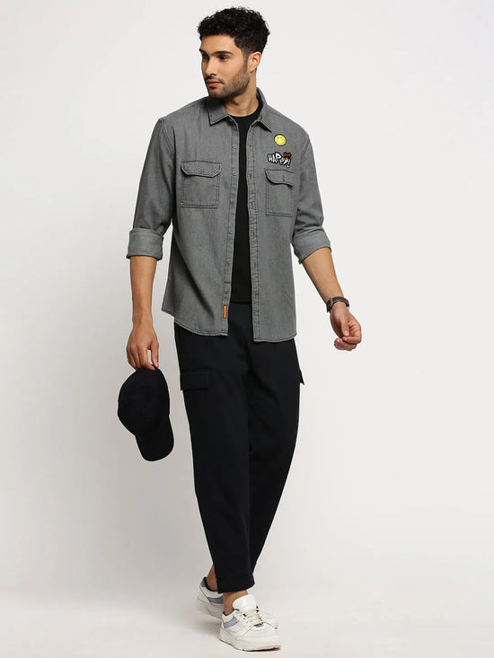 Men Grey Spread Collar Solid Oversized Shirt-SMILEDENIM-4916-Grey