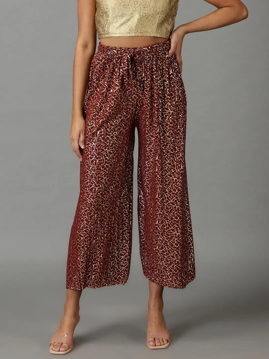 Women's Maroon Printed Parallel Trouser-AC-05-Maroon