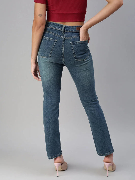 Women's Blue Solid Denim Straight Jeans-GZ-5127B-Blue