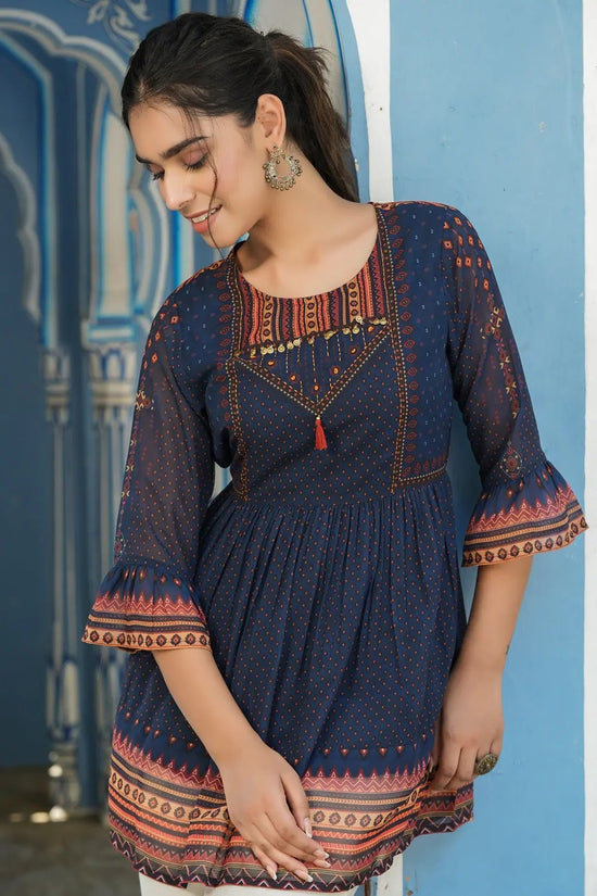 Indigo Geometric Printed Georgette Peplum Tunic With Tassels