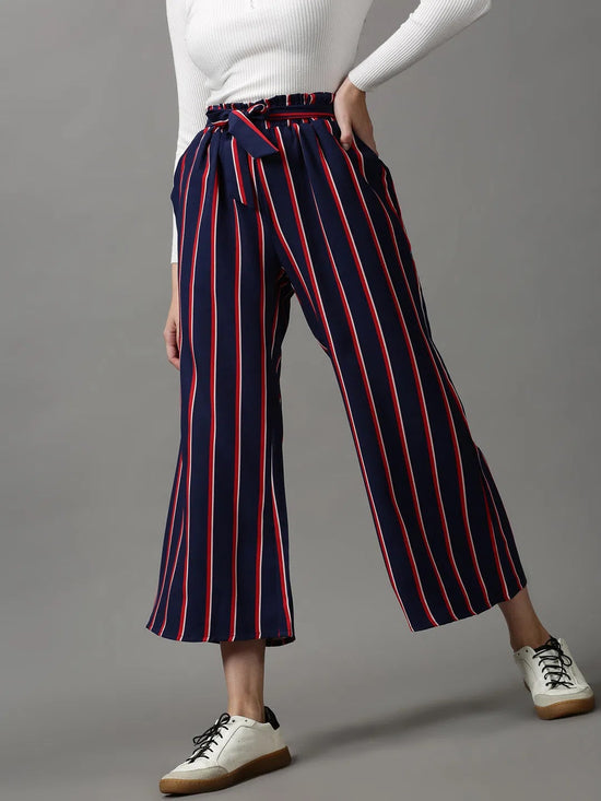 Women's Navy Blue Striped Parallel Trouser-AE-10413-Navyblue