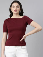 Boat Neck Solid Burgundy Regular Top-AE-10654-Burgundy