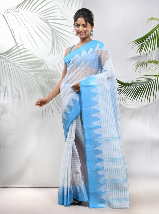 White Pure Cotton Tant Saree With Temple Border-MA51TT43430122