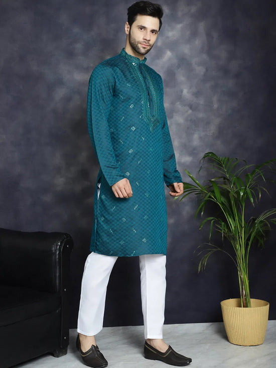 Men's Sequins Embroidered Kurta With Pyjama.-JOKP-P-5047Teal