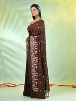 All Over Thread Floral Embroidery Brown Cotton Saree-MA62CT33610072