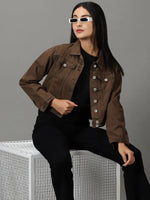 Women's Brown Solid Denim Jacket-IM-10322-Brown