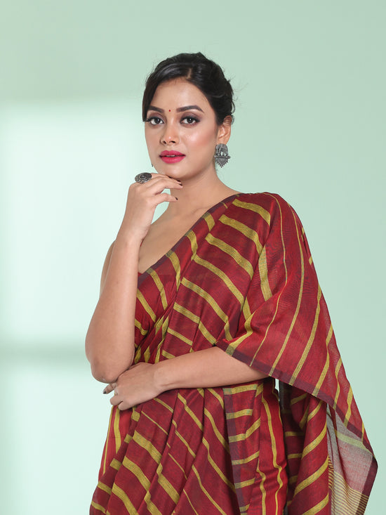 Dark Red Cotton Saree With Stripes Pattern-MA59CT06530043