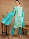 Ahika Women Turquoise Blue Cotton Blend Embroidered Straight Kurta Pant Set