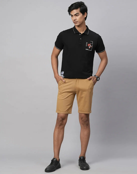 Genips Men's Khakhi Cotton Lycra Slim Fit Shorts