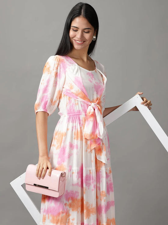 Women's White Tie Dye Fit and Flare Dress-ON-605-Whitepink