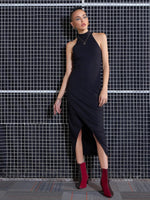 Women Black Rib Front Slit Bodycon Midi Dress