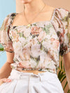 Women Beige Floral Chiffon Puff Sleeves Top