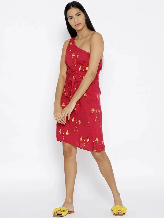 One shoulder overlap cross tie Printed Dress in Red