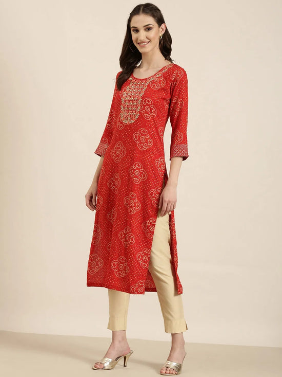 Women Red Printed Straight Kurta-AT-A900-K-Red