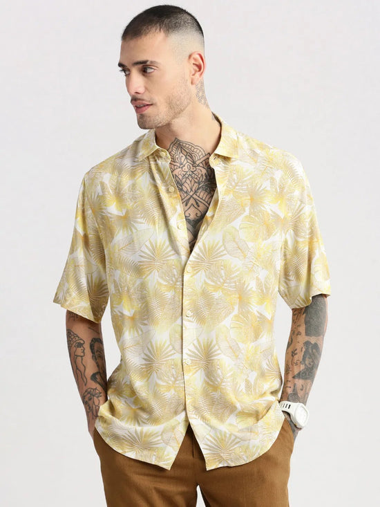 Men Spread Collar Floral Yellow Casual Shirt-POLFAH-2102-Yellow