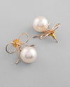 Gold Plated Pearl & Bow Shaped Classic Drop Earrings-VOJ368