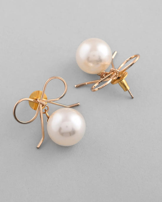 Gold Plated Pearl & Bow Shaped Classic Drop Earrings-VOJ368