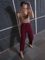 Women Red Waist Button Pants