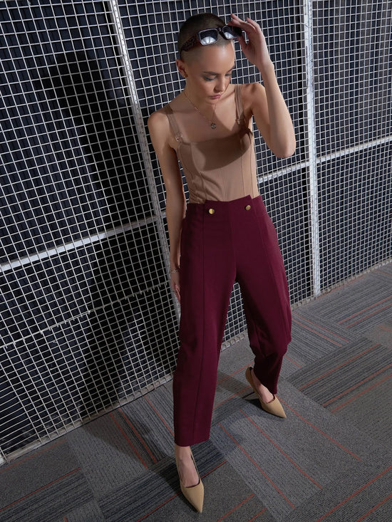 Women Red Waist Button Pants