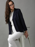 Women's Navy Blue Solid Open Front Blazer-AE-31042-Navyblue