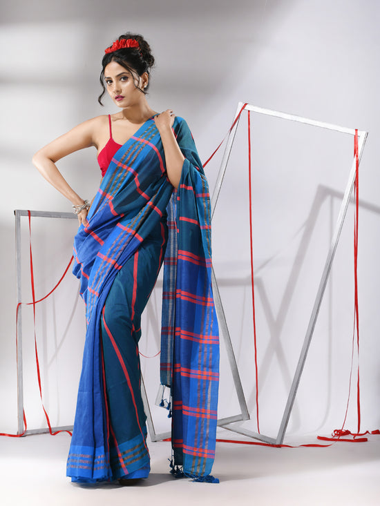 Teal Blue Cotton Patli-Pallu Saree With Stripe Designs-MA55CT06520031