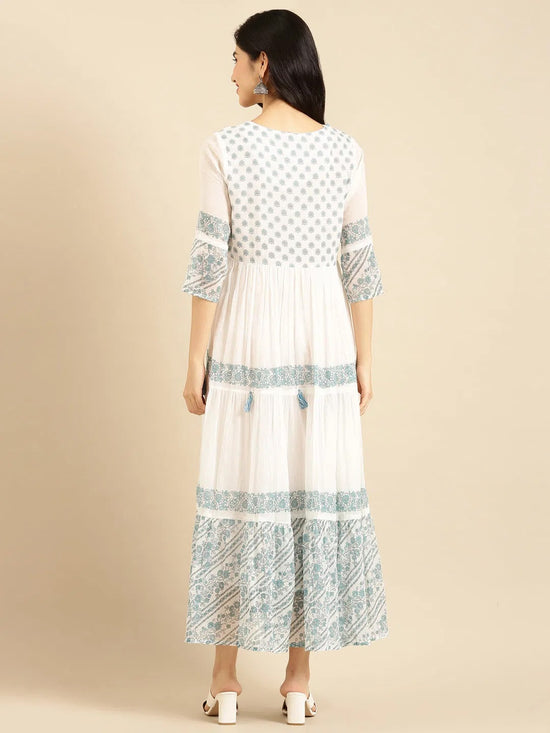 Women's White Printed A-Line Kurta-ON-549-Whiteblue