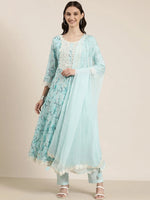 Women Turquoise Blue Floral Kurta Set-UB-008-Turquoiseblue