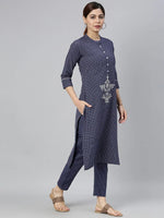 Ahika Women Blue Cotton Embroidered Straight Kurta Pant Set-VKSET1098_XXL